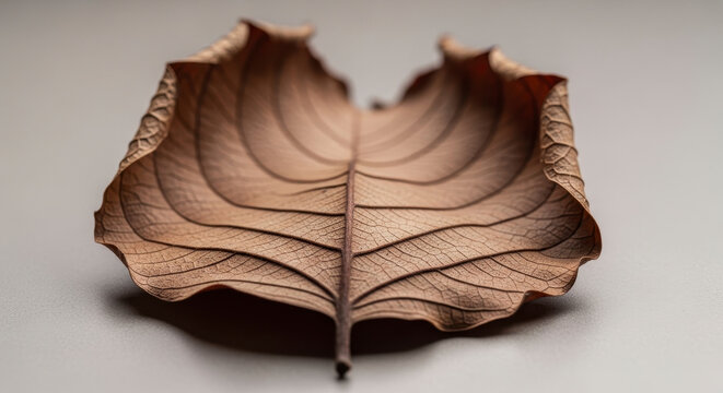 Close up of a dried brown leaf on a textured surface showing intricate veins and patterns