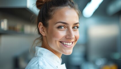Naklejka premium Portrait of young chef woman. Girl in white uniform smiles. Happy worker looks in a camera. Cook profession. Female with tied hair in kitchen.