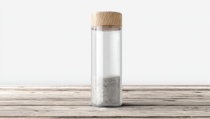 Tall, clear jar with wooden lid, filled with gray powder
