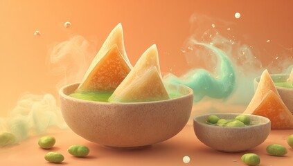 Melon triangles in bowl, pastel, abstract food scene