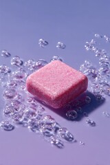 Pink square sits on lavender with bubbles