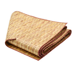 A folded tan colored woven reed mat with a red border is set on white or transparent background