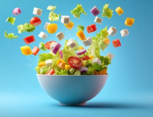 Salad explosion fresh ingredients float above a bowl