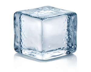 A single, clear ice cube with small air bubbles and condensation, reflecting light, isolated on transparent background