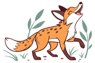 Playful Cartoon Fox Howling on White Background with Plants