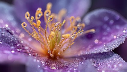 Purple flower center, stamens wet with water drops