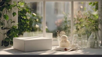 Dessert box near window, soft light