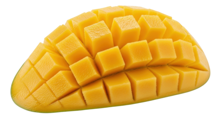 Isolated half mango fruit, cubed and ready to eat, showcasing its vibrant yellow color, a tropical treat