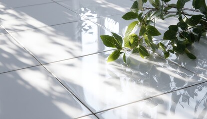 Glossy tiles reflect light, shadowed by leaves and branch