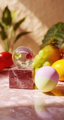 Fruits, sphere and cube on marble. Light, calm, soft hues