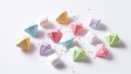 Pastel gem candies scattered on white