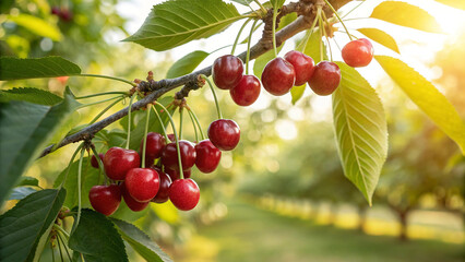 Close up of ripe red cherries hanging on a branch in the orchard on sunny day