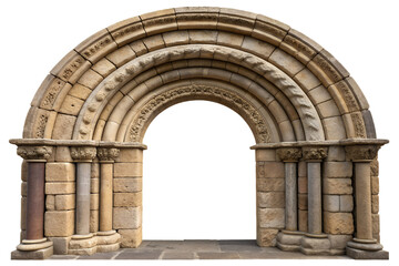 Ancient romanesque archway with intricate carvings and barrel vault detail