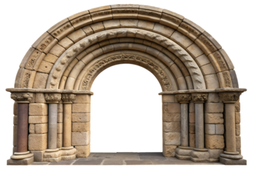 Ancient romanesque archway with intricate carvings and barrel vault detail