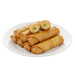 A stack of Turon spring rolls stuffed with banana served on a white plate on white or transparent background