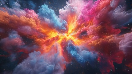 Obraz premium Nebulous clouds of pink, orange, and blue swirl and burst with a bright yellow center, appearing like space dust.