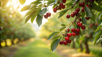 Closeup of a branch with ripe red cherries in a cherry orchard at sunset © Fx Studio