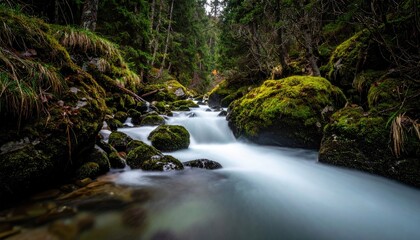 Obraz premium Lush Forest Stream with Mossy Rocks and Flowing Water in Scenic Sunlight