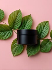 Black cosmetic jar surrounded by vibrant green leaves on a soft pink background