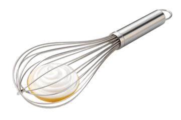 Stainless steel whisk with egg foam preparing for baking isolated studio shot
