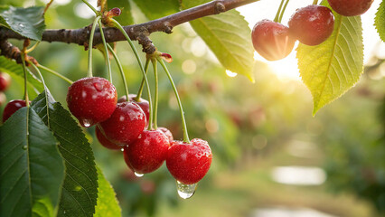 Fresh red cherries on the tree with water drops in the summer sunshine