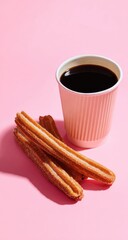 Churros & coffee in pink cup cast harsh shadow on pink backdrop