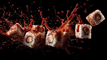 Sushi rolls in a sauce explosion