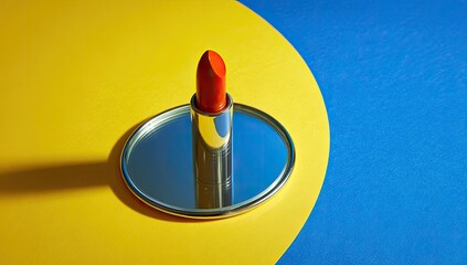 Red lipstick on mirrored disc, yellow & blue