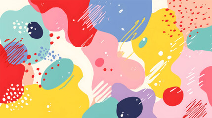 A vibrant abstract background featuring colorful fluid shapes in various hues including pink, blue, yellow, and purple, creating a playful and energetic atmosphere