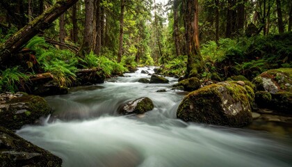 Obraz premium Lush Forest Stream with Mossy Rocks and Verdant Greenery Long Exposure Shot
