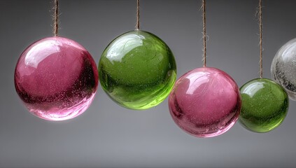 Hanging glass orbs in pink, green, & clear on thin brown strings
