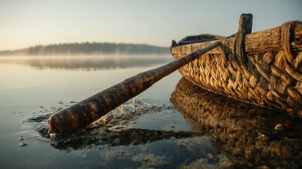 Wooden boat with oar dips into calm water, soft sunrise. Misty forest backdrop
