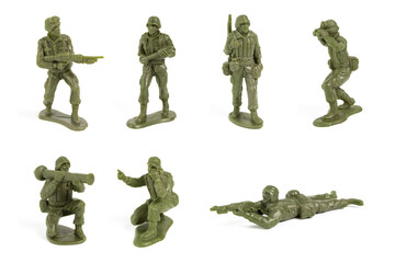 Mini Green Toy Soldiers on white background.