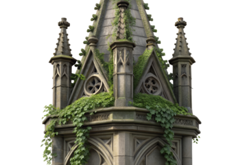 Ornate victorian stone turret gargoyle weathered with moss and ivy detail
