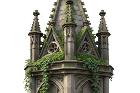 Ornate victorian stone turret gargoyle weathered with moss and ivy detail