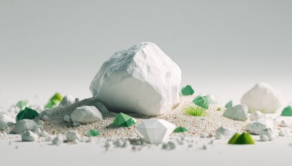 White rocks amid gems, sand texture. Clean, minimal scene