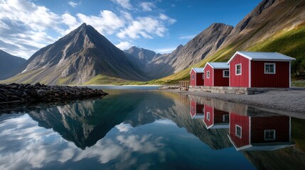 Colorful red cabins reflect in still waters surrounded by majestic mountains under a clear blue sky in a scenic landscape