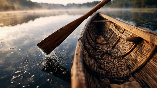 Wooden boat with oar gliding on a misty lake during early morning - Powered by Adobe