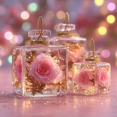 Three clear jars hold pink roses, golden sparkles, lights soft