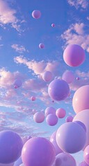 Lavender spheres drift in a whimsical cloudy sky