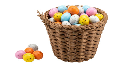 Isolated woven basket full of colorful Easter eggs, some eggs scattered outside the basket