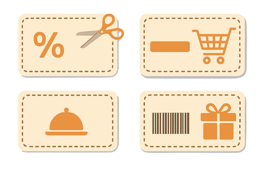 Set of coupon templates for business and marketing. Vector graphic design for shopping, food, gifts. Includes discount percent, scissors, cart, cloche, barcode, voucher, promo code.