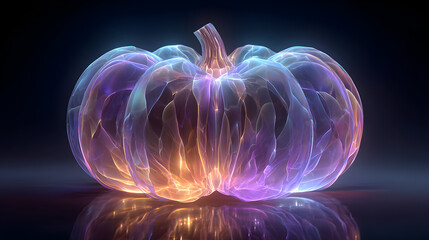 Obraz premium Pumpkin outline rendered as glowing paper cut craft, backlit translucency effect, symmetrical framing, triadic color play orange-blue-purple, artistic stock illustration