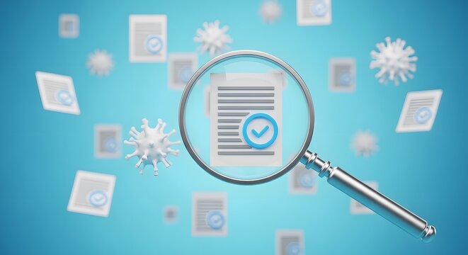 Magnifying glass over document with checkmark, surrounded by virus particles and other documents, symbolizing research and verification - Powered by Adobe