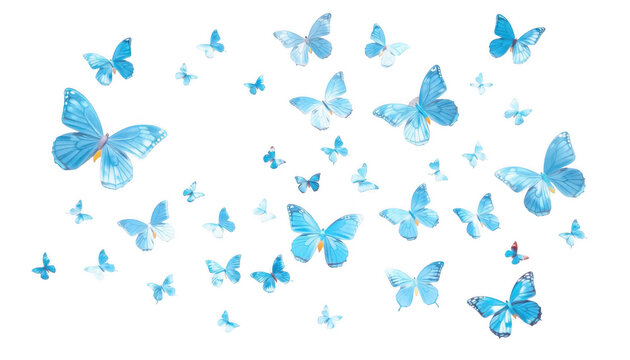 Numerous glowing blue butterflies in various sizes fluttering against a stark white background isolated on white background