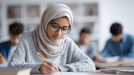 Young woman in hijab focused on writing, students in background. Library setting