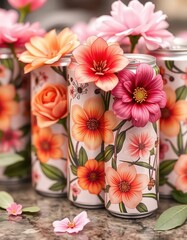 Beautiful Floral Aluminum Cans with Fresh Flowers for Beverage Packaging, Cosmetics Branding and Lifestyle Design Concepts Generative AI