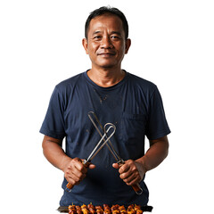 Smiling man holds satay skewers over grilling food on white or transparent background