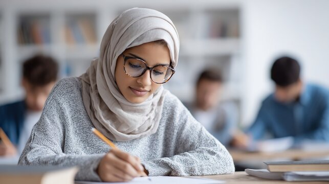 Young woman in hijab focused on writing, students in background. Library setting