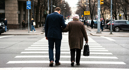 Man helping old lady cross street while walking in urban area  